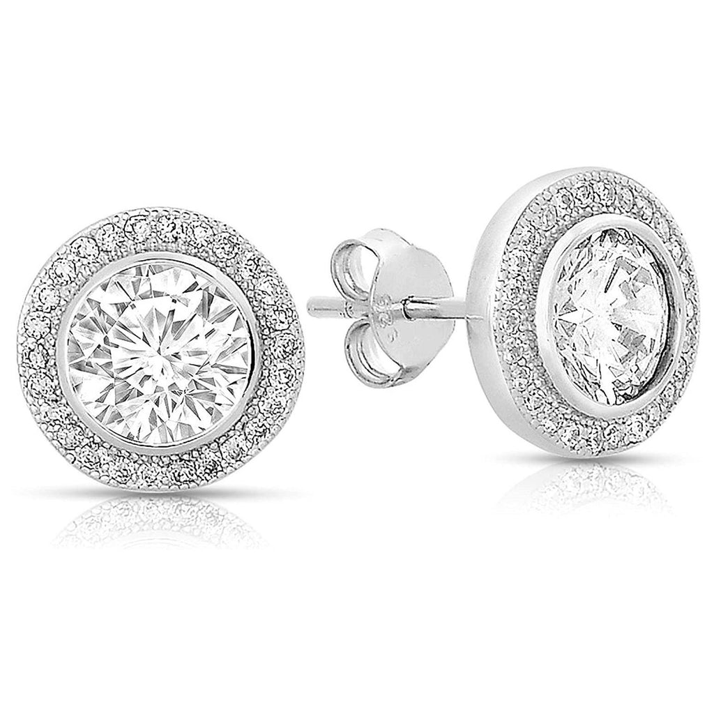 Fine Halo Stud Earrings Sterling Silver Cubic Zirconia Round CZ Wedding and Bridal