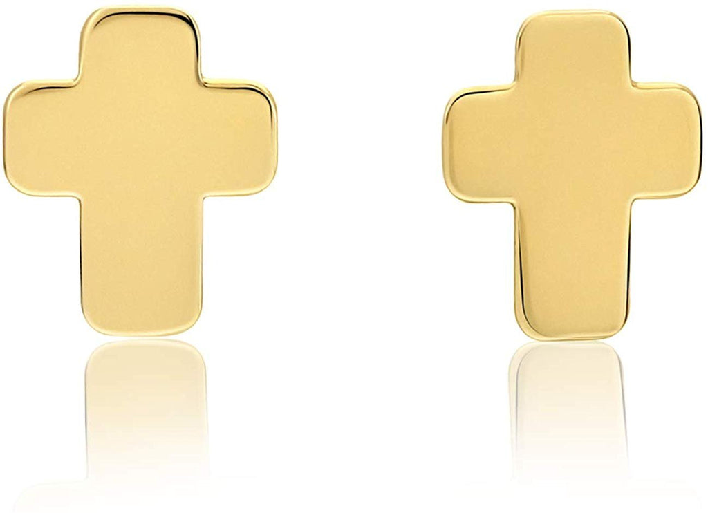 14K Yellow Gold Tiny Cross Polished Flat Disk Stud Earrings