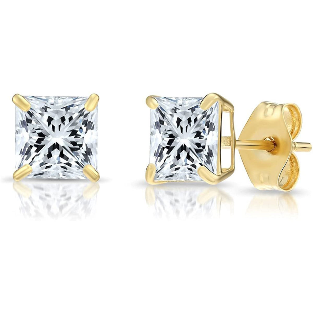 Basket Set Stud Earrings with Square Princess Cut White CZ - 925 + Gold  Plate - Kezef Creations