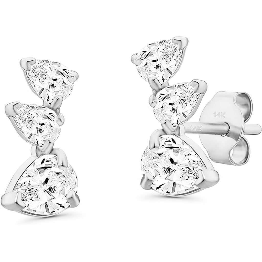 14k Gold Tiny Curved Climber Stud Earrings with Three Stones Cubic Zirconia CZ Trio Studs