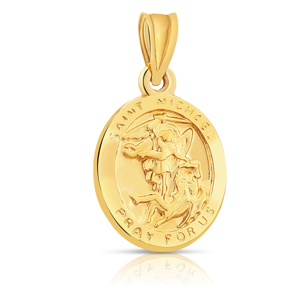 Real 14K Yellow Gold Saint Michael the Archangel Catholic Medal Polished Gold Oval Pendant