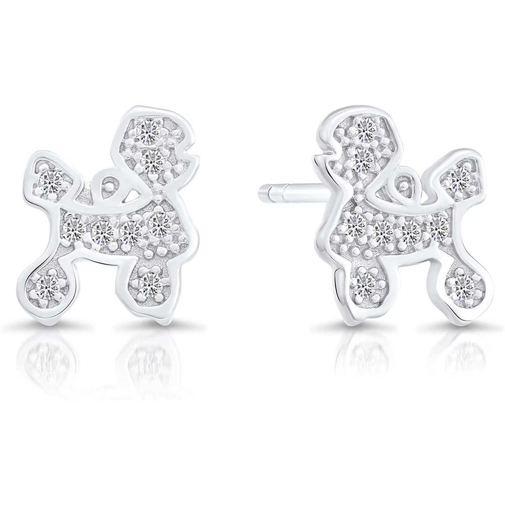 Sterling Silver Poodle Dog Stud Animal Earrings with Cubic Zirconia