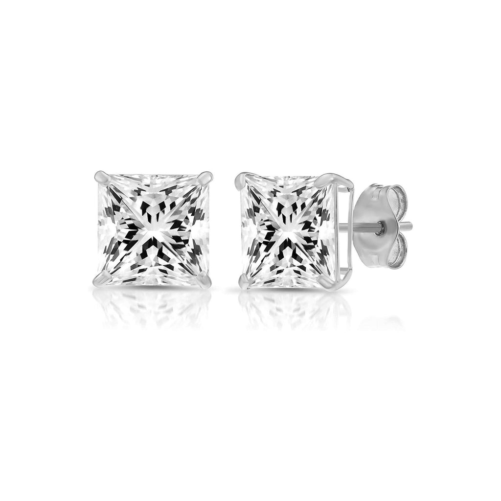 Solid 14k White Gold Square Solitaire Cubic Zirconia Princess-cut CZ Stud Earrings