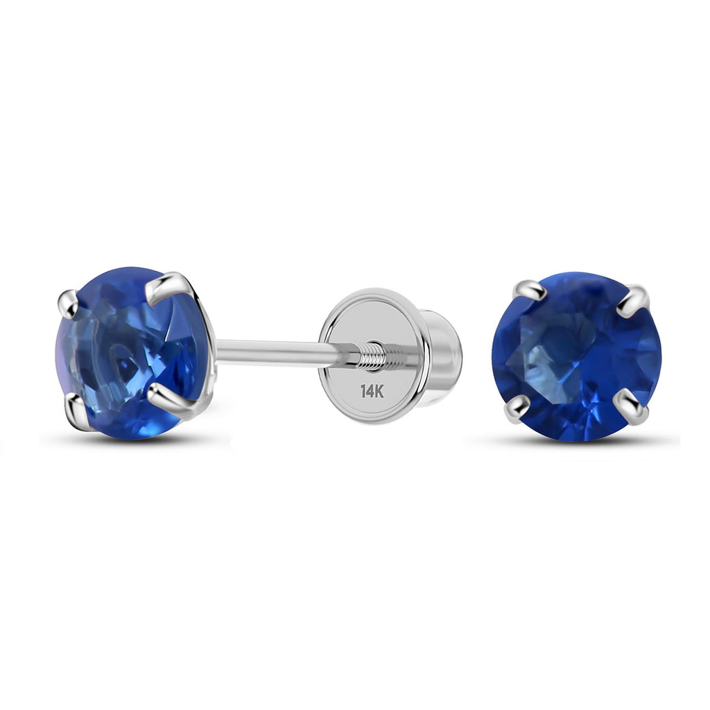 Solid 14K White Gold Round Solitaire Simulated-Sapphire-Birthstone Minimalist Stud Earring with Comfort Screw Backing September