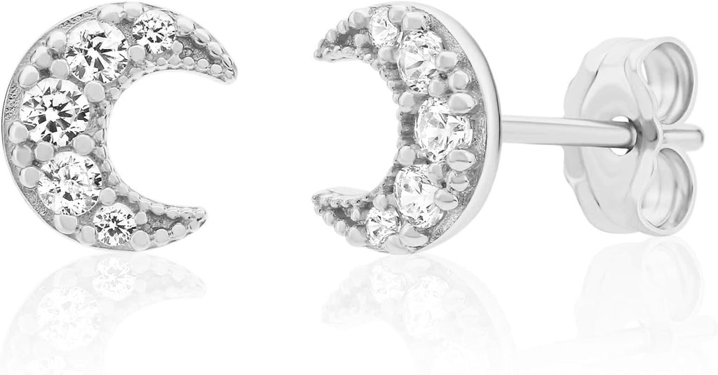 Real 14K White Gold Small Mini Cresent Moon Stud Earrings With Cubic Zirconia Stones