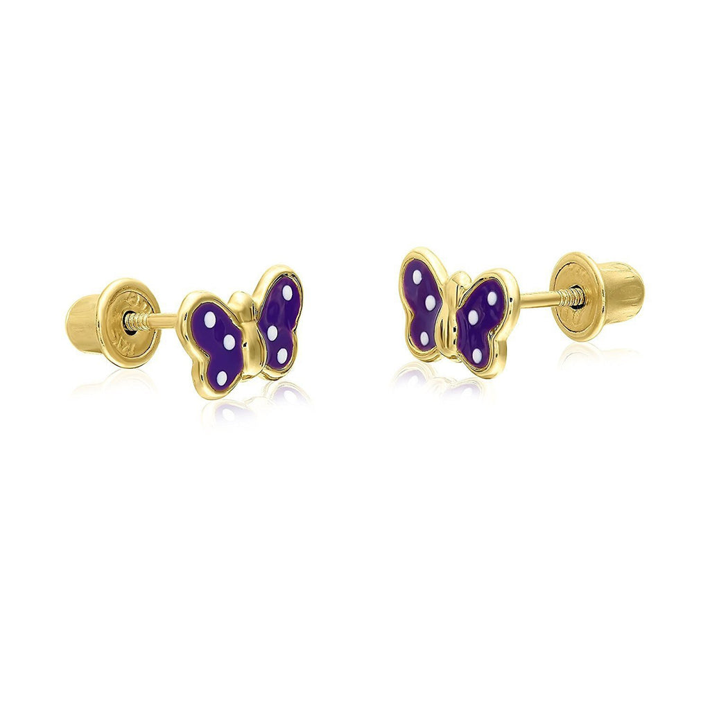 14k Yellow Gold Tiny Butterfly Stud Earring with Royal Purple Enamel in Secure Safety Screw-backs
