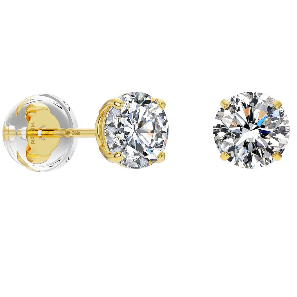 14k Yellow Gold Solitaire Round Cubic Zirconia CZ Stud Earrings with Gold butterfly Comfort Silicone Pushbacks