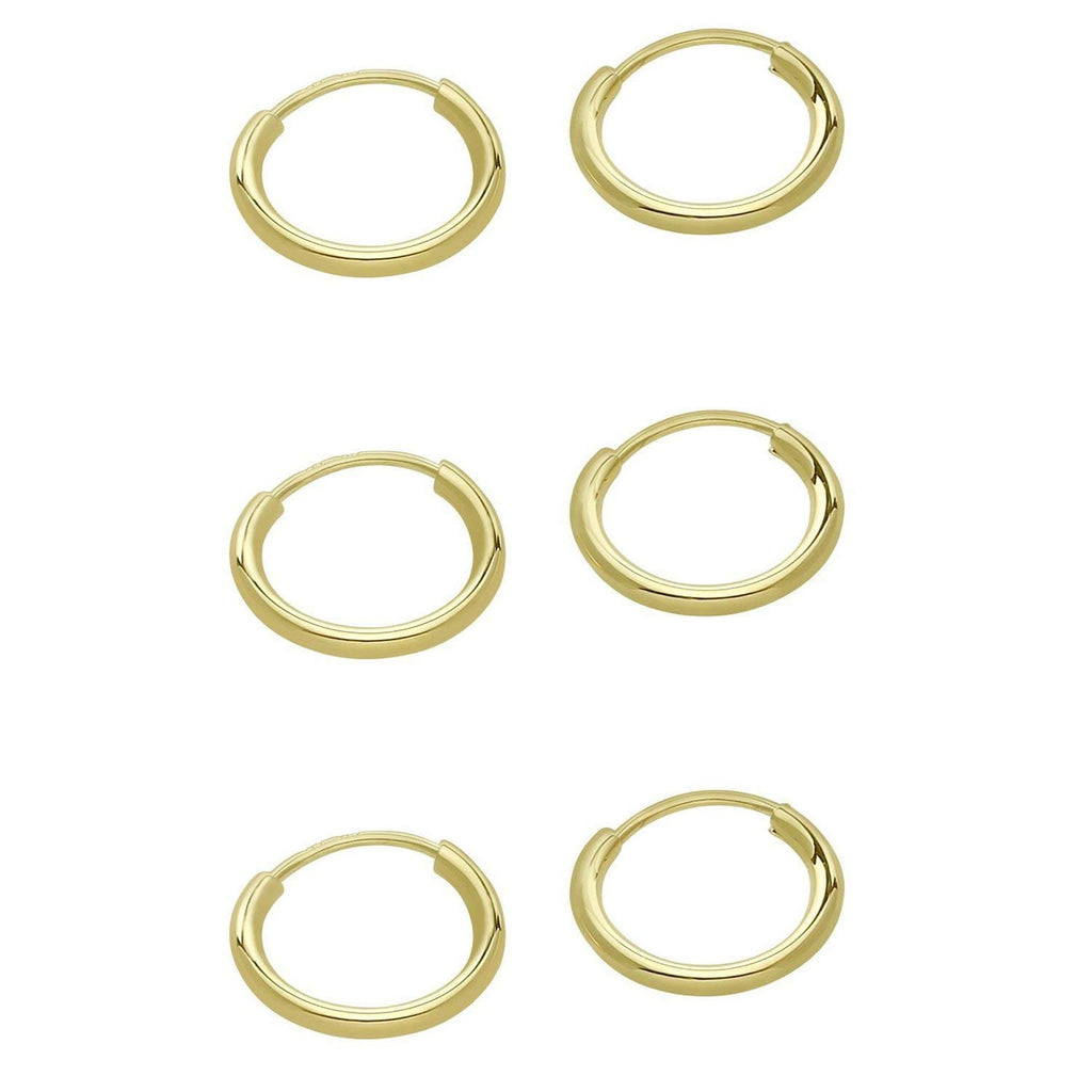Tiny 14k Yellow Gold Small Thin Endless 10mm Round Unisex Hoop Earrings, 3 Pair Set