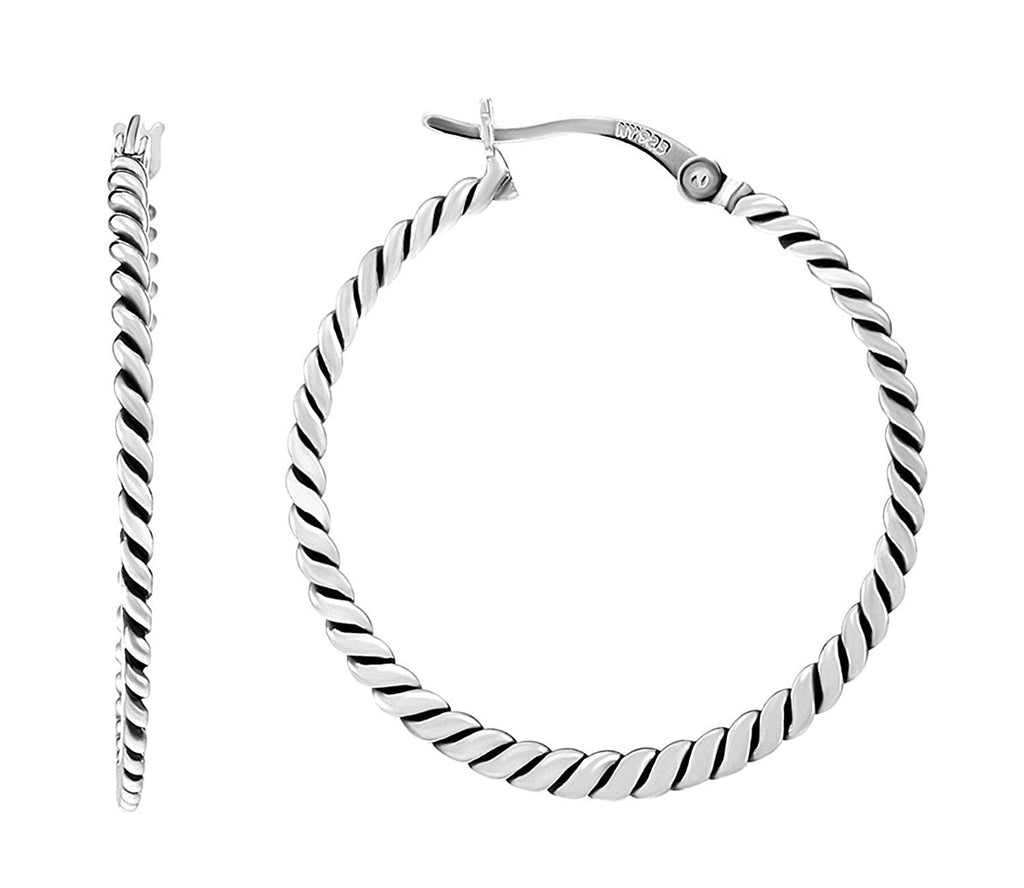 Sterling Silver Twisted Flat Hoop Earrings (1.2 inch Diameter)