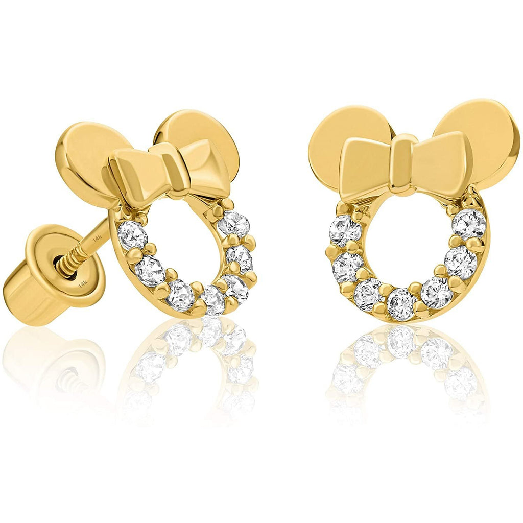 Solid 14k Yellow Gold Mouse Cubic Zirconia Cute Stud Earrings with Comfort Screw-Back for Women and Girls