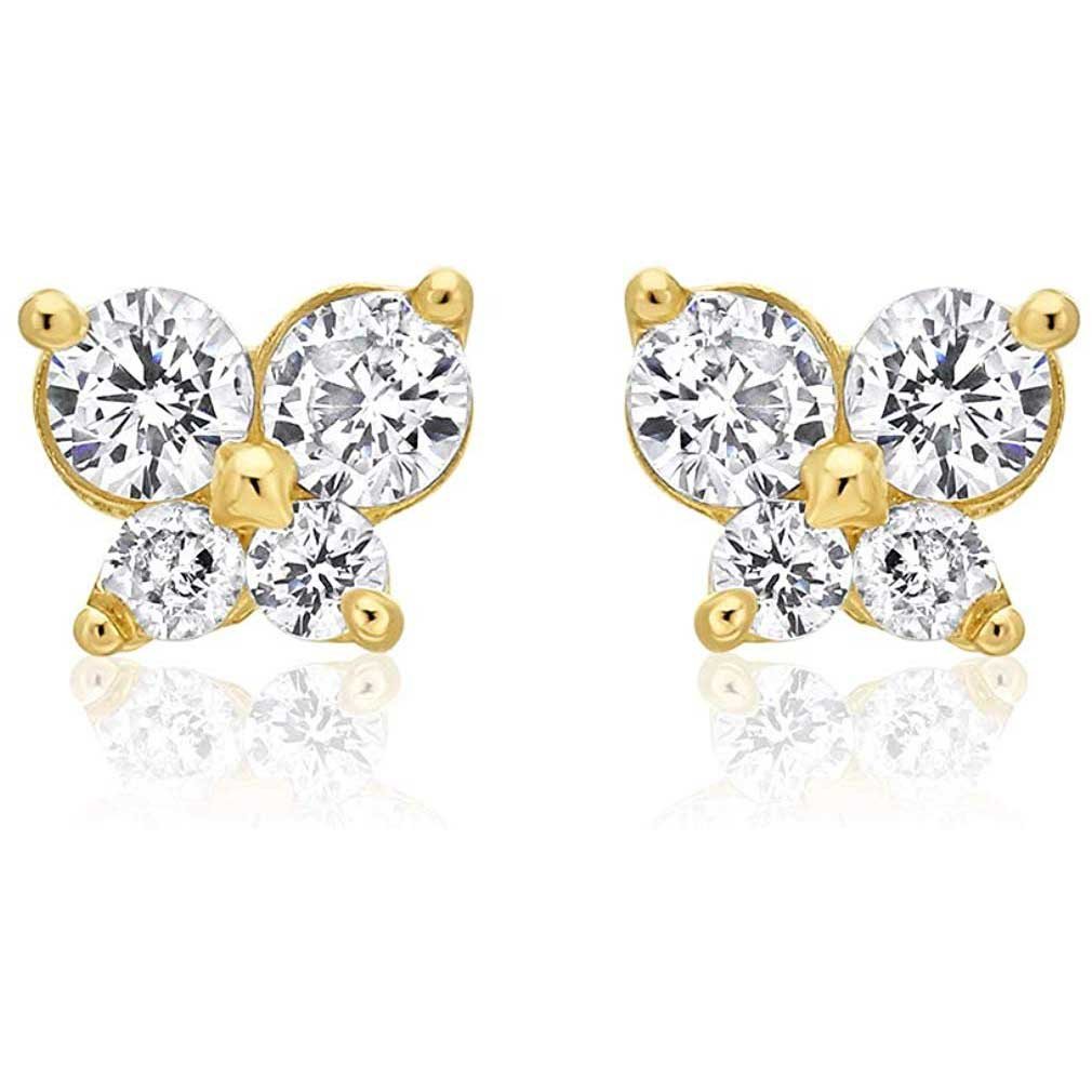 14K Yellow Gold Minimalist Tiny Butterfly Stud Earrings with Sparkling Cubic Zirconia
