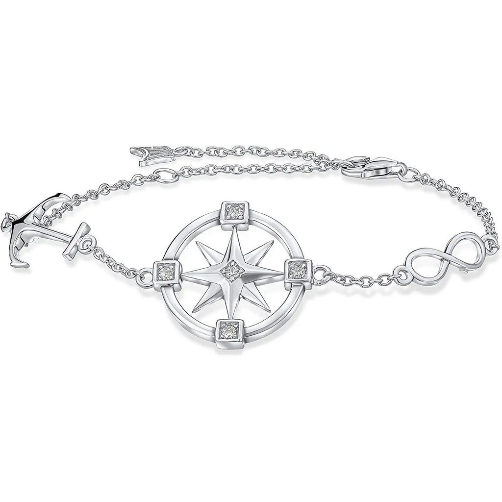 Art and Molly 925 Solid Sterling Silver Compass Rose Charm Bracelet Jewelry for Travel or Long Distance for Women