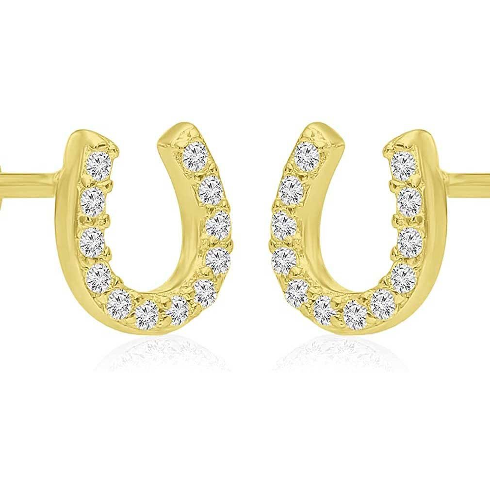 Tiny Sterling Silver Yellow Gold-Tone Horseshoe Stud Earrings with Cubic Zirconia CZ