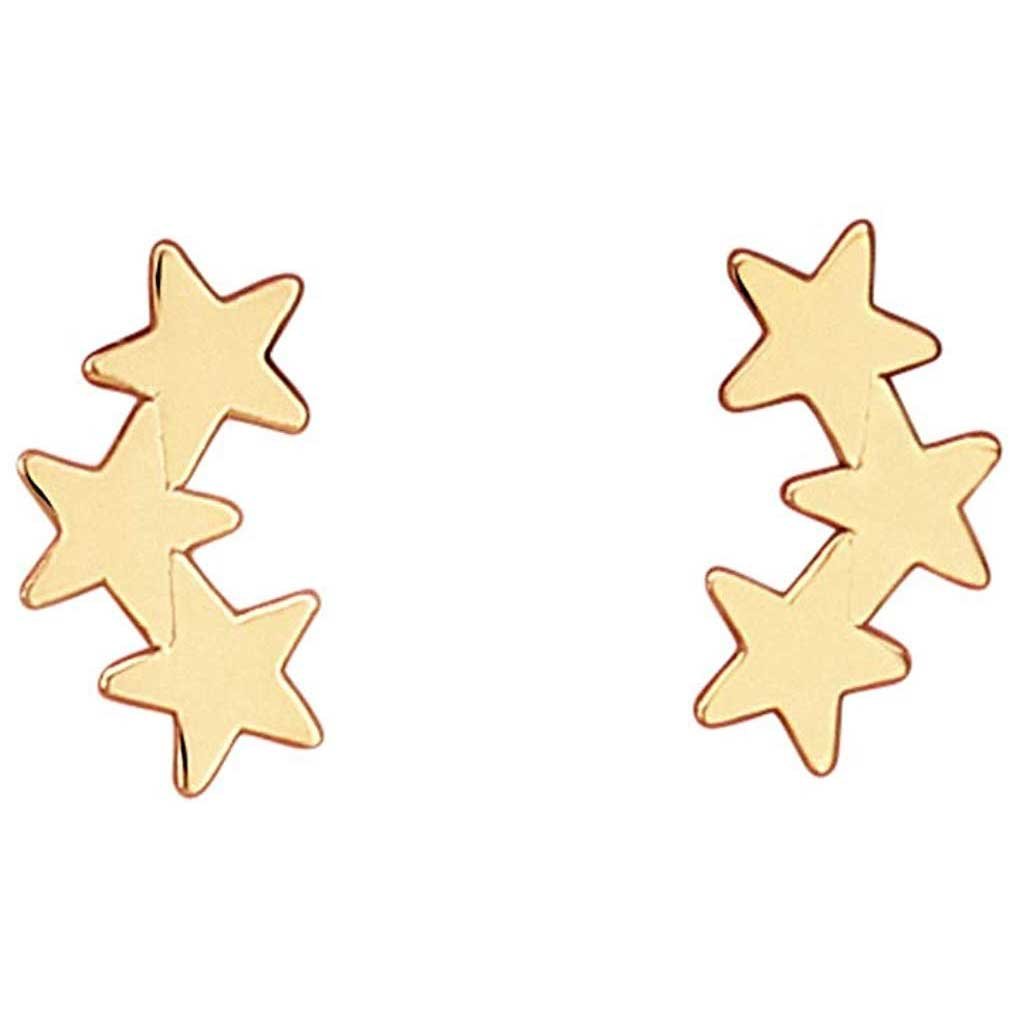 14K Yellow Gold Tiny Triple Stars Disk Stud Earrings (Three Star)