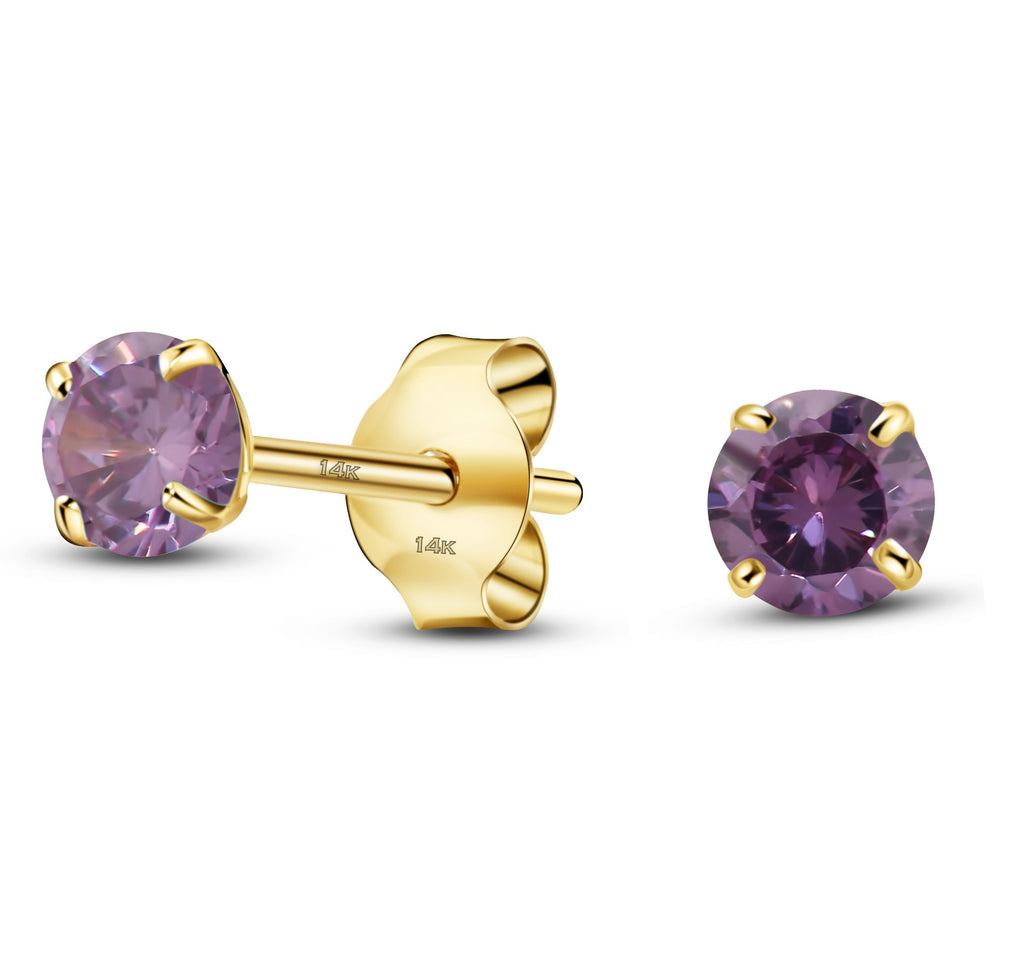 14K Yellow Gold Round Solitaire Simulated-Birthstone Cubic Zirconia Minimalist Stud Earring February
