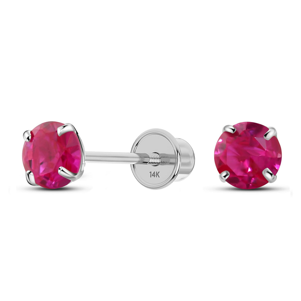 Solid 14K White Gold Round Solitaire Simulated-Ruby-Birthstone Minimalist Stud Earring with Comfort Screw Backing July