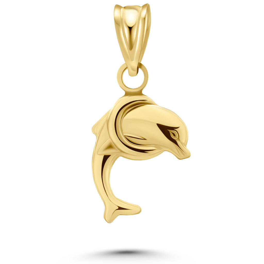 Art and Molly Real 14K Yellow Gold Dolphin Jumping Through Hoop Minimalist Pendant