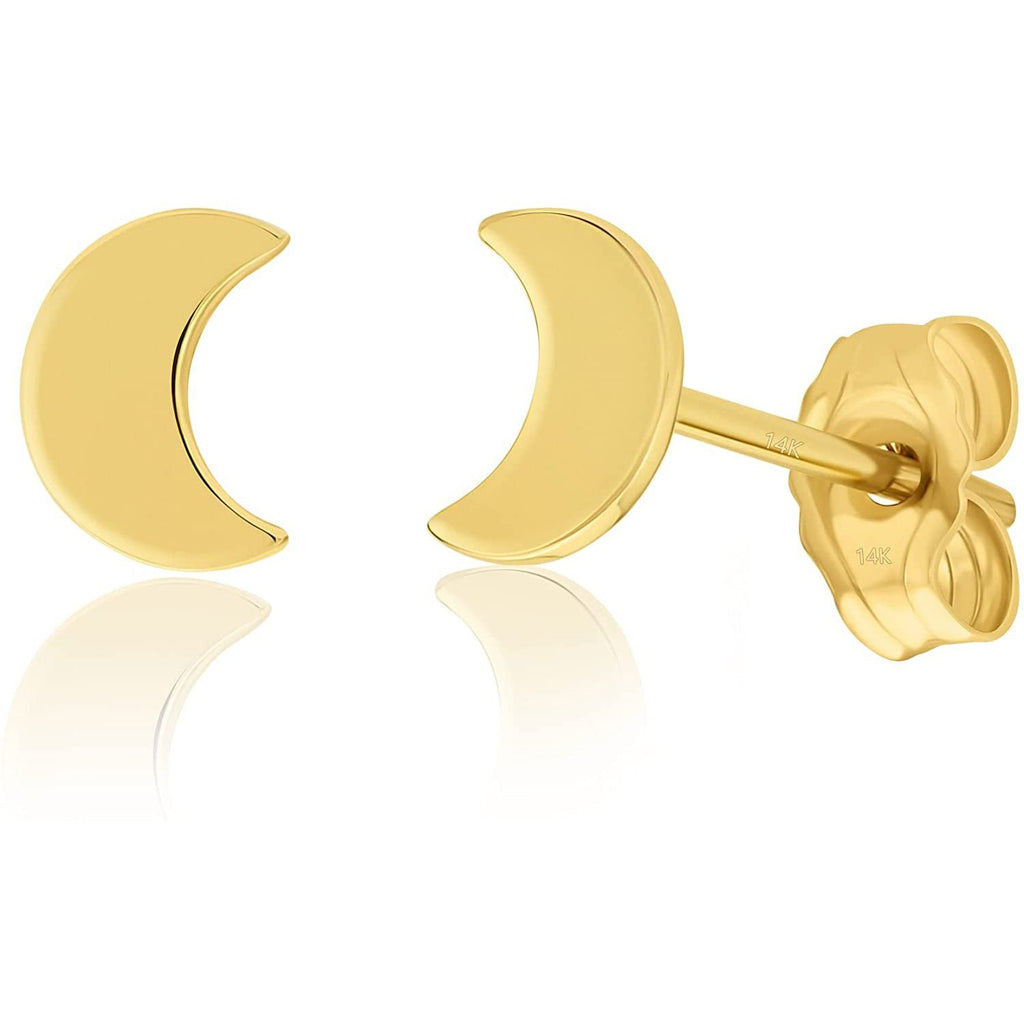 14K Yellow Gold Dainty Small Mini Moon Stud Earrings Minimalist, Delicate Jewelry