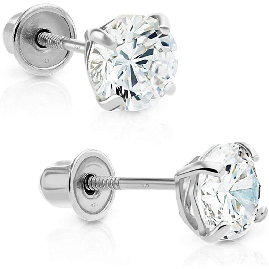 925 Sterling Silver Cubic Zirconia Basket-set Solitaire CZ Stud Earrings with Screw Backs