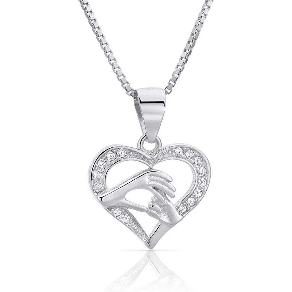 Solid 925 Sterling Silver CZ Mother and Child Love Heart Holding Hands Necklace Jewelry Gifts