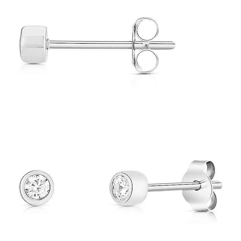 14k Solid White Gold Round Tiny Studs With Solitaire Small 2mm Cubic Zirconia Bezel Setting Earrings (White Gold)