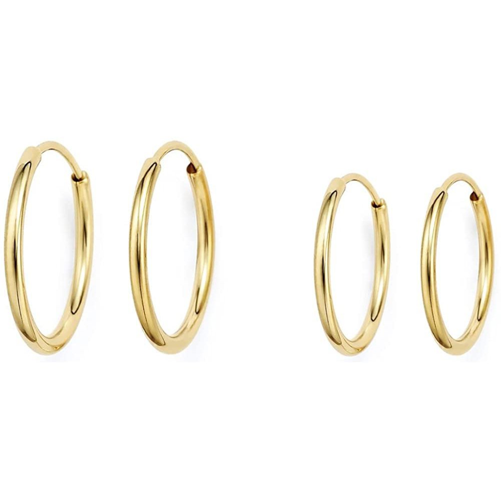 14k Yellow Gold Thin Continuous Endless Hoop Earrings, Two Pair Set of Popular Sizes 10mm and 12mm