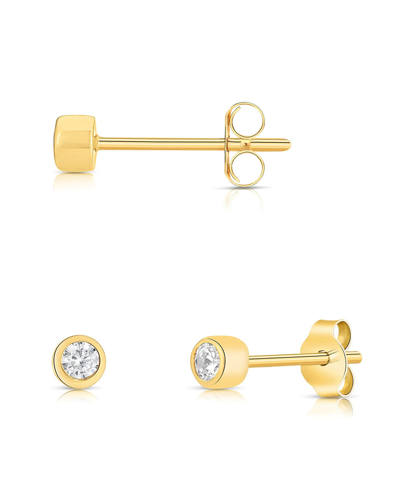 14k Solid Gold Round Tiny Studs With Solitaire Small 2mm Cubic Zirconia Bezel Setting Earrings for Women