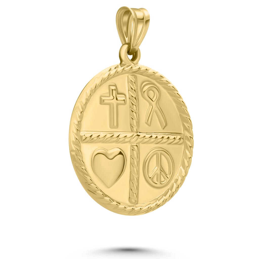 Art and Molly Real 14K Yellow Gold Peace, Love, Red Ribbon, Cross Faith Pendant