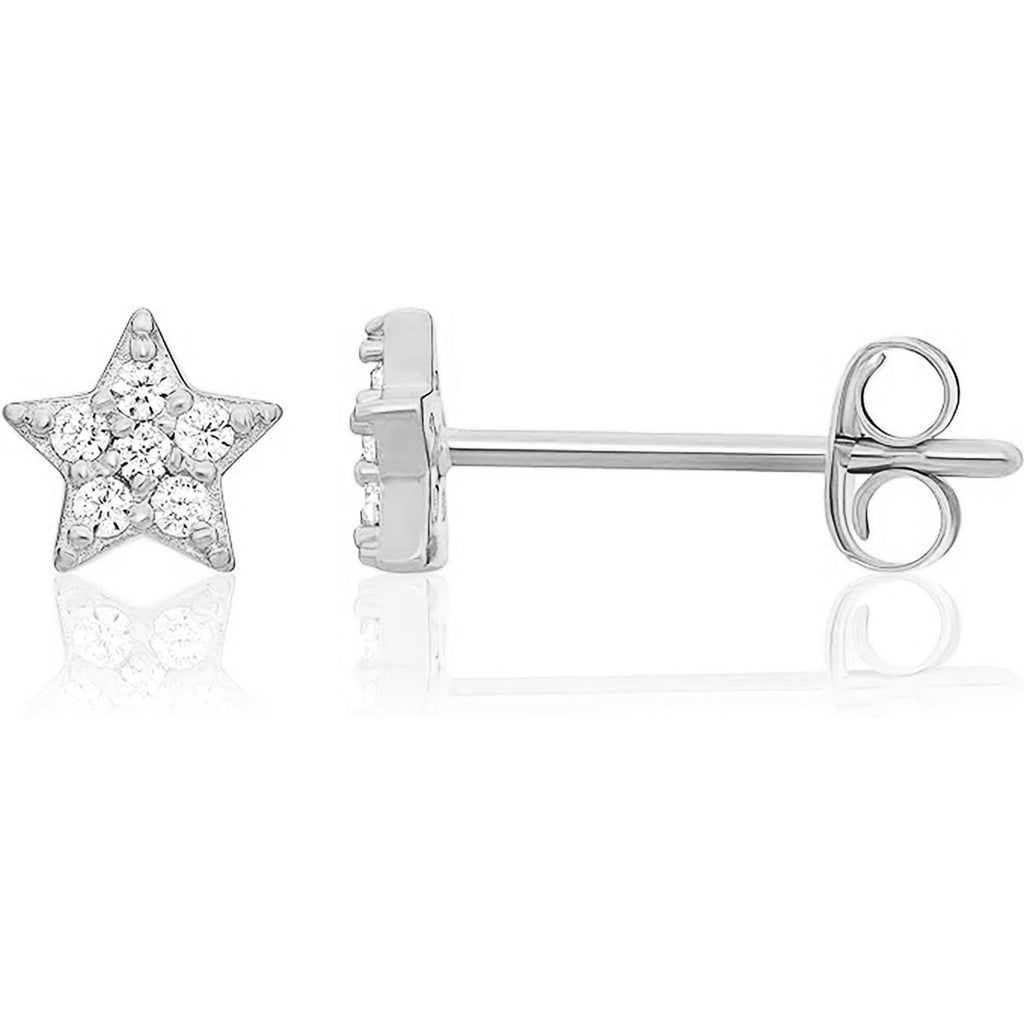 Solid 14K White Gold Star Studs Small Earrings With Cubic Zirconia