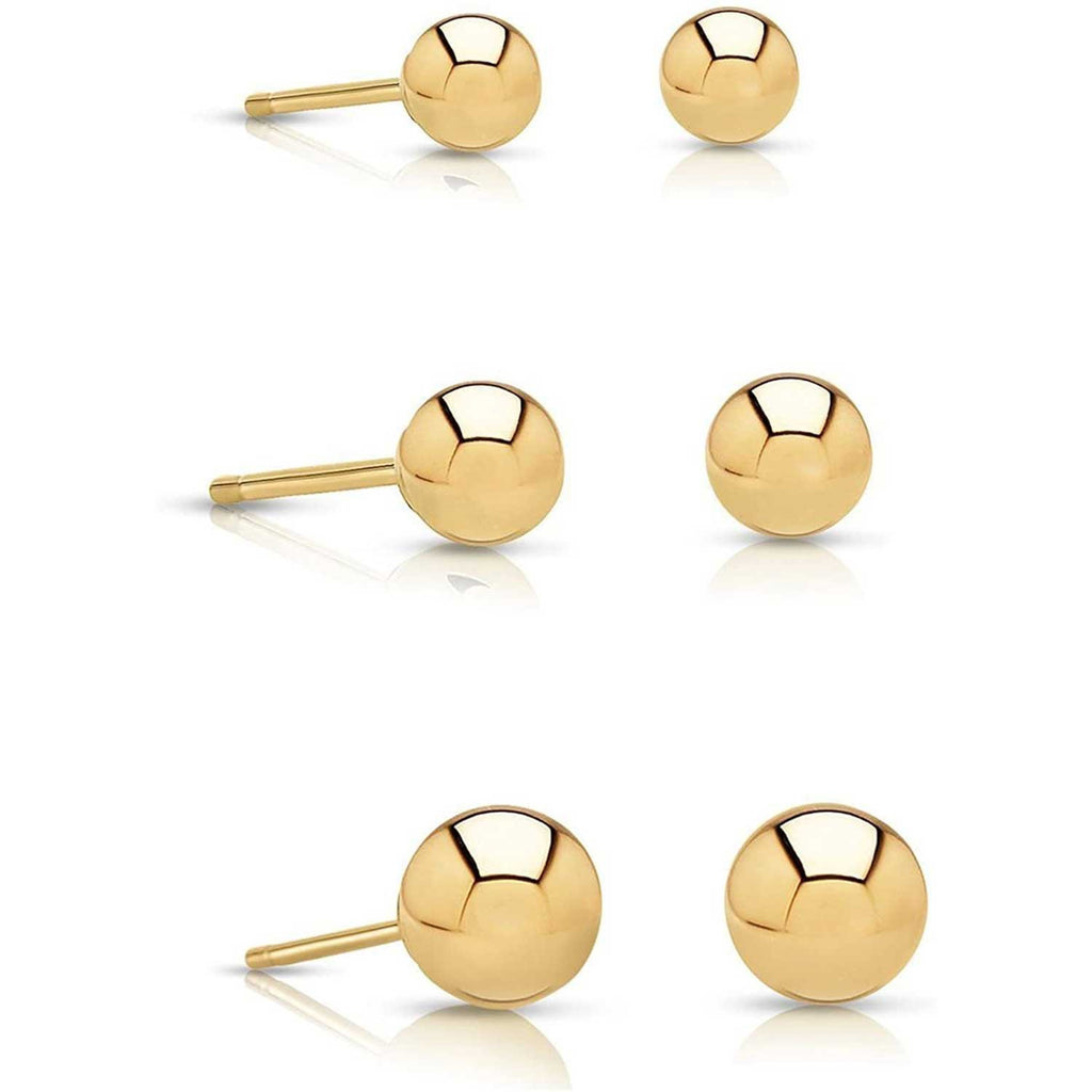 14k Gold Ball Stud 3 Pair Earrings Set (3mm, 4mm, 5mm)