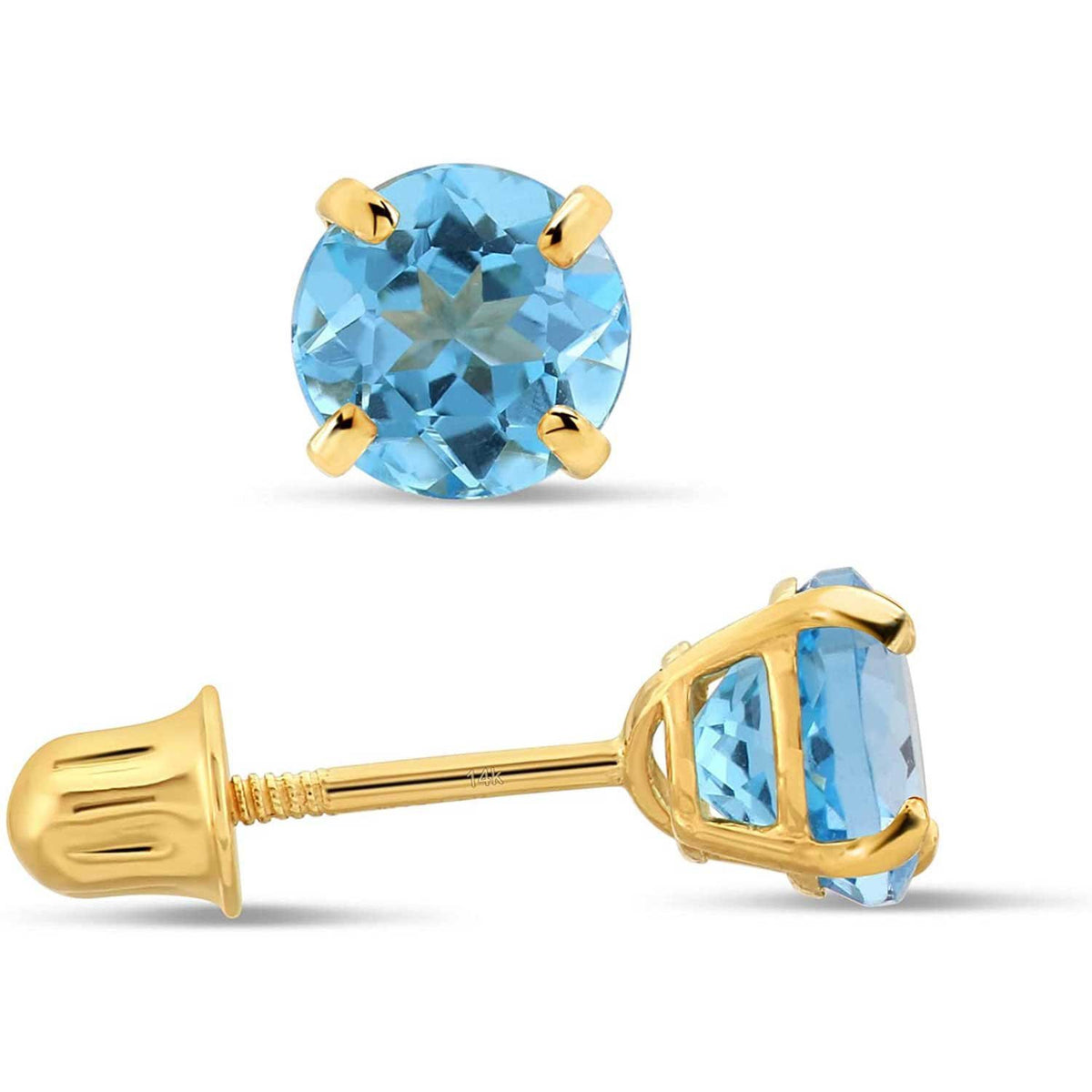 14K Yellow Gold Blue-Topaz Gemstone Birthstone Solitaire Stud Earrings With Secure Screw Backs, (1.20 cttw, 5MM)