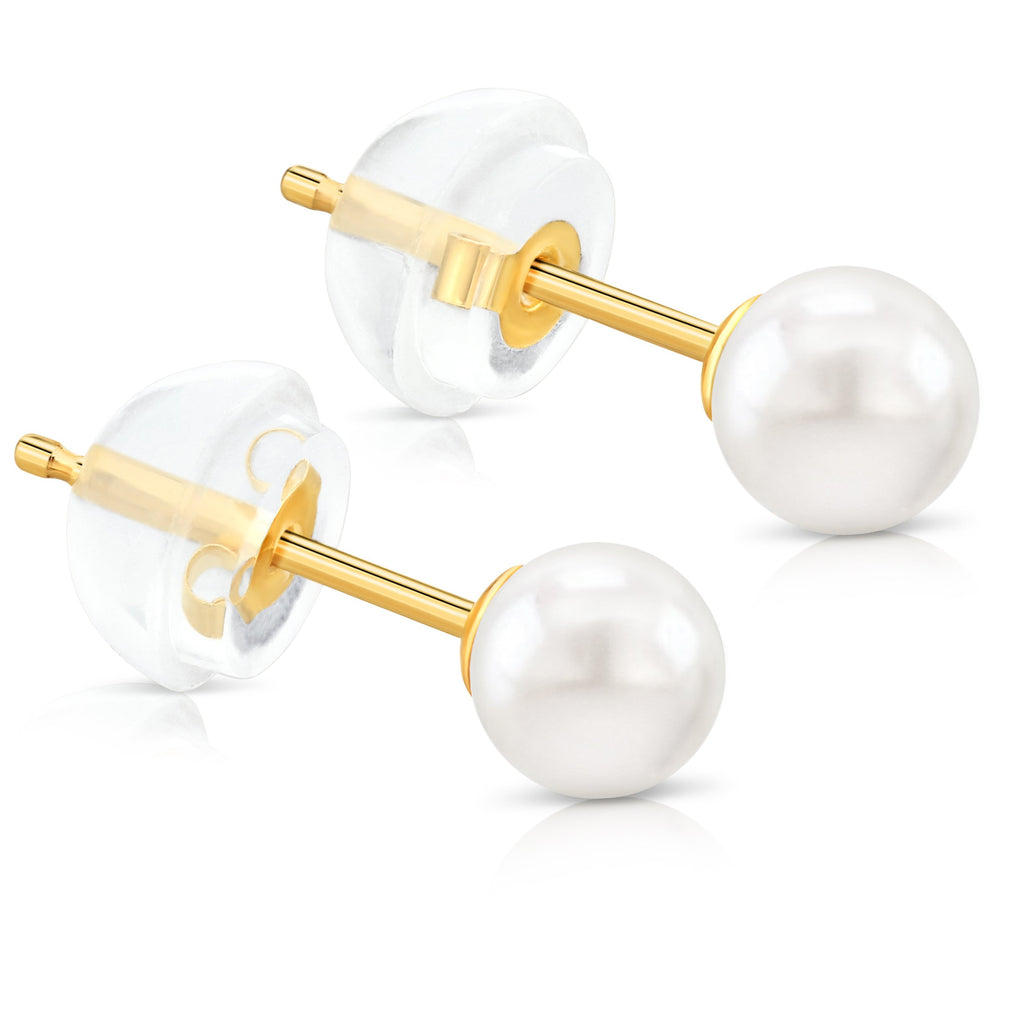 Solid 14K Yellow Gold Real Handpicked White Round Freshwater Cultured Pearl Silicone Stud Earrings for Women and Girls