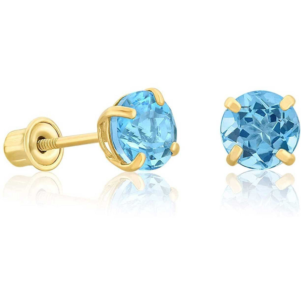 14K Yellow Gold Blue-Topaz Gemstone Birthstone Solitaire Stud Earrings With Secure Screw Backs, (1.20 cttw, 5MM)
