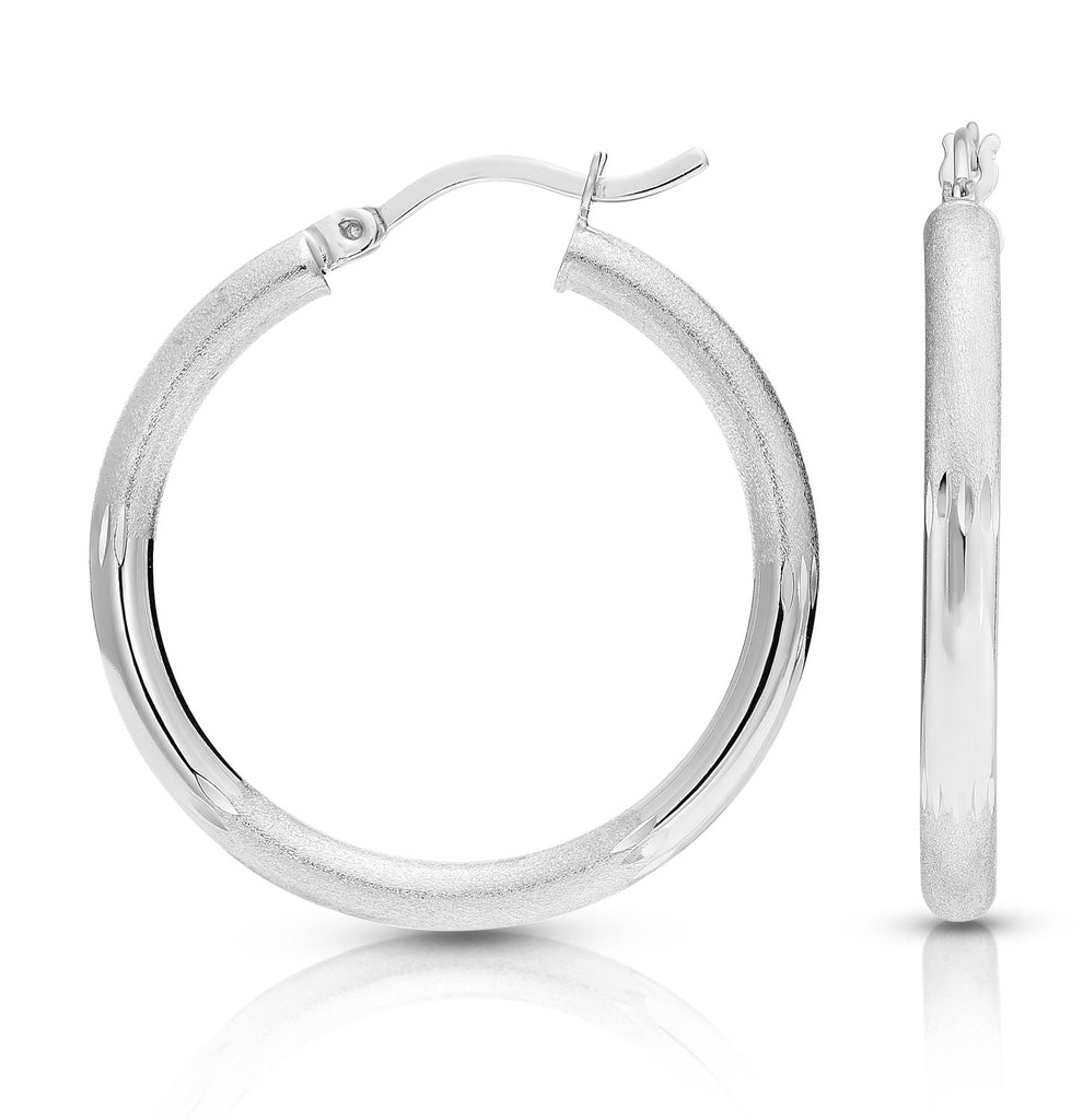 Sterling Silver Diamond-Cut and Satin Finish Hoop Earrings