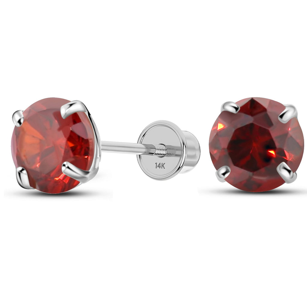 Solid 14K White Gold Round Solitaire Simulated-Garnet-Birthstone Minimalist Stud Earring with Comfort Screw Backing January
