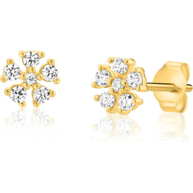 14k Yellow Gold Mini Halo Flower Star Stud Earrings Cubic Zirconia CZ Stones, Classy Dainty Studs for Women and Girls