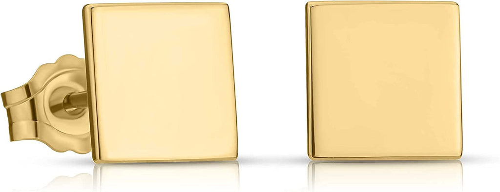 14K Solid Yellow Gold Polished Square Disk Dot Flat Pushback Stud Earrings For Women & Girls