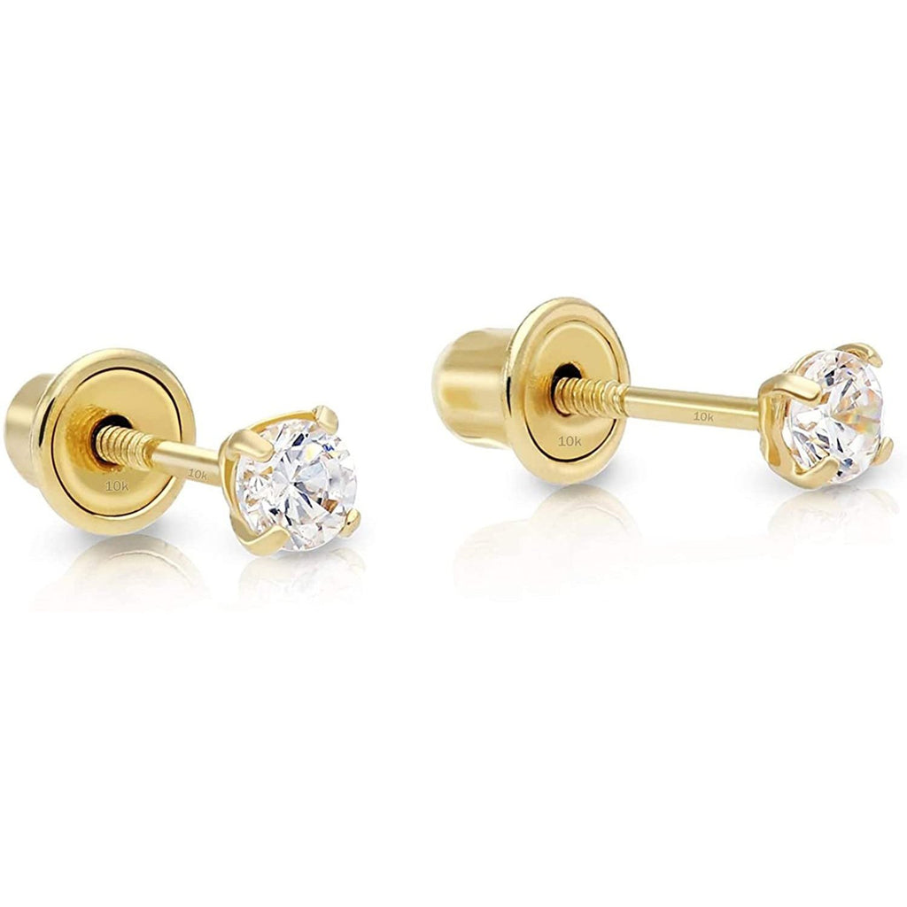 14k White Gold Solitaire Round Cubic Zirconia Stud Earrings in Secure  Screw-backs