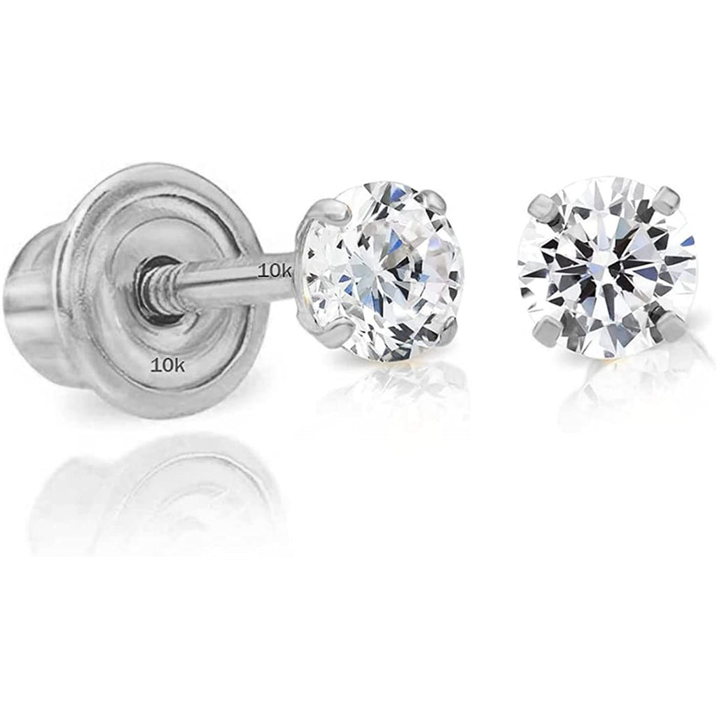 Solid 10k White Gold Solitaire Round Cubic Zirconia Stud Earrings in Secure Screw-backs