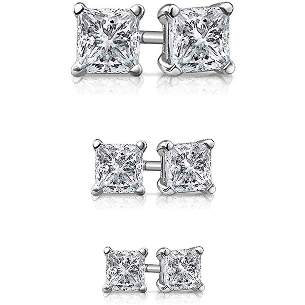 3 Pair Set 925 Sterling Silver Princess-Cut Cubic Zirconia CZ Basket Square Stud Earrings Unisex