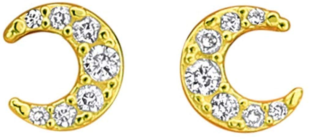 14K Yellow Gold CZ Tiny Earrings Dainty Mini Moon Disk Stud Earrings