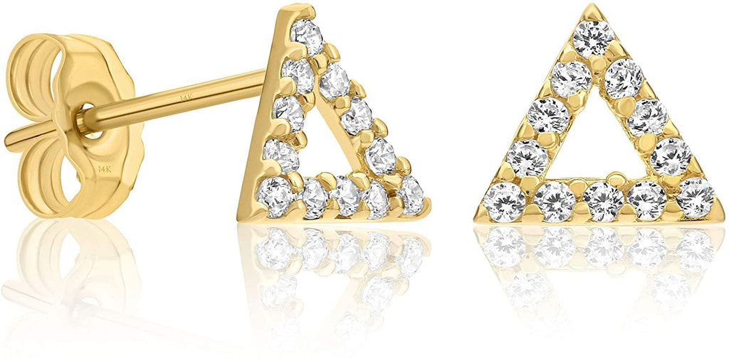 Solid 14K Yellow Gold CZ Triangle Stud Trendy Minimalist Geometric Tiny Earrings for Women and Girls