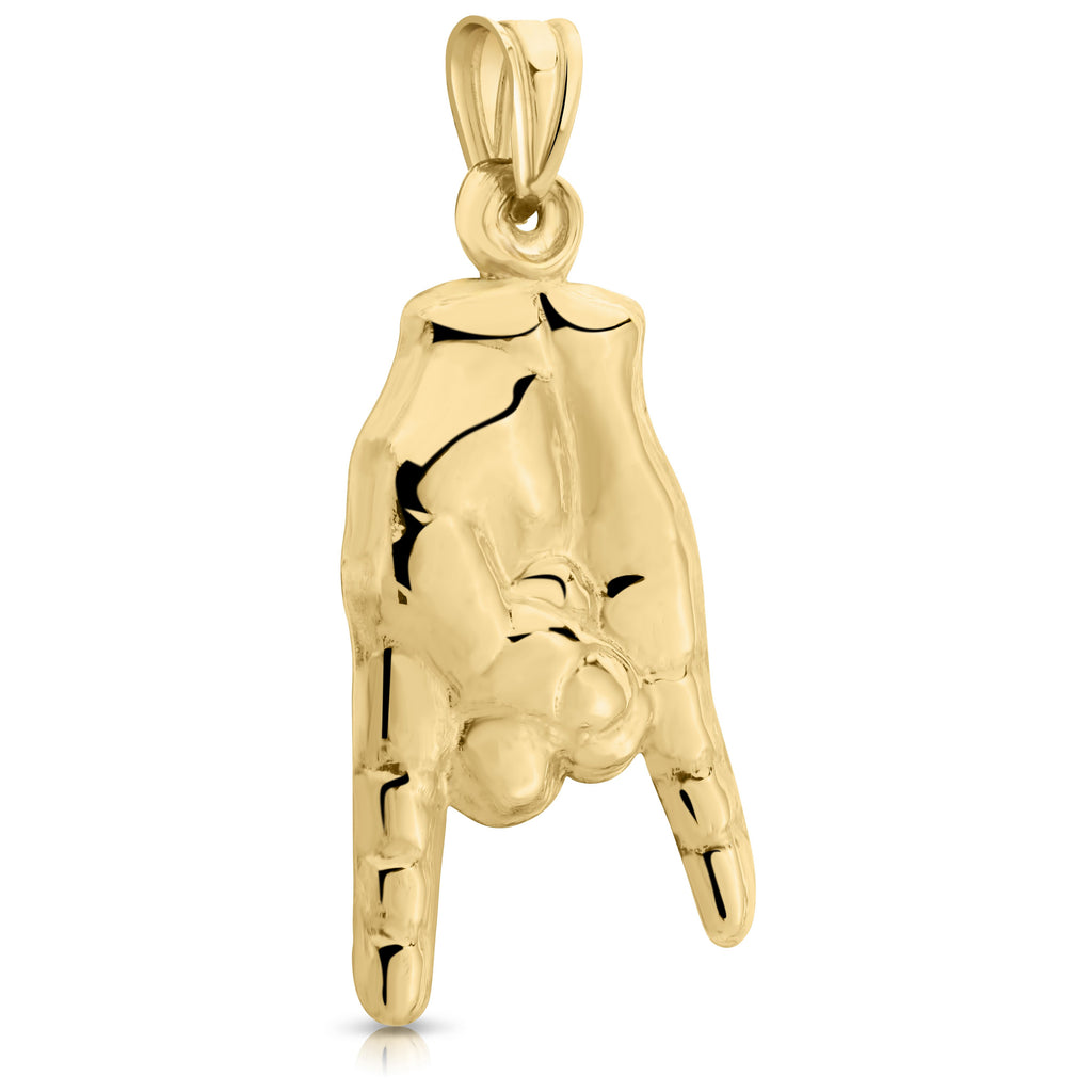 Real 14K Yellow Gold Rock and Roll Rock On Hand Symbol Pendant