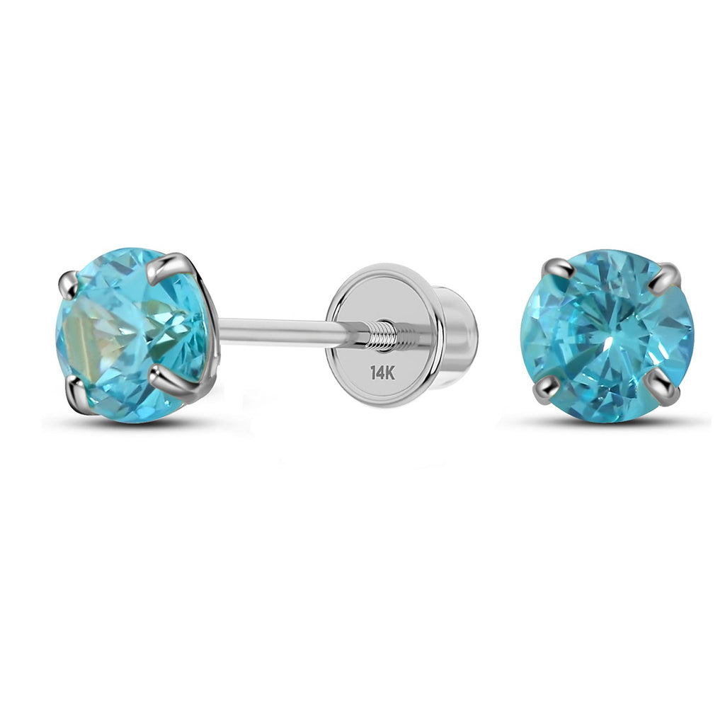 Solid 14K White Gold Round Solitaire Simulated-Blue Topaz-Birthstone Minimalist Stud Earring with Comfort Screw Backing December