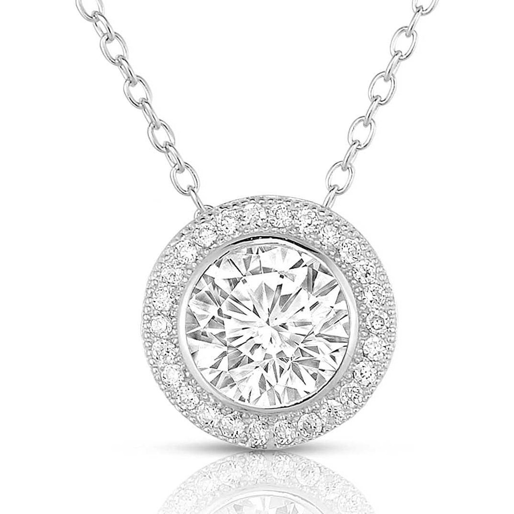 Halo Pendant Necklace Fine 925 Sterling Silver Sparkling Cubic Zirconia CZ for Woman, 18"