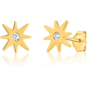 14K Yellow Gold North Star Studs with Cubic Zirconia Starburst Earrings for Women and Girls.