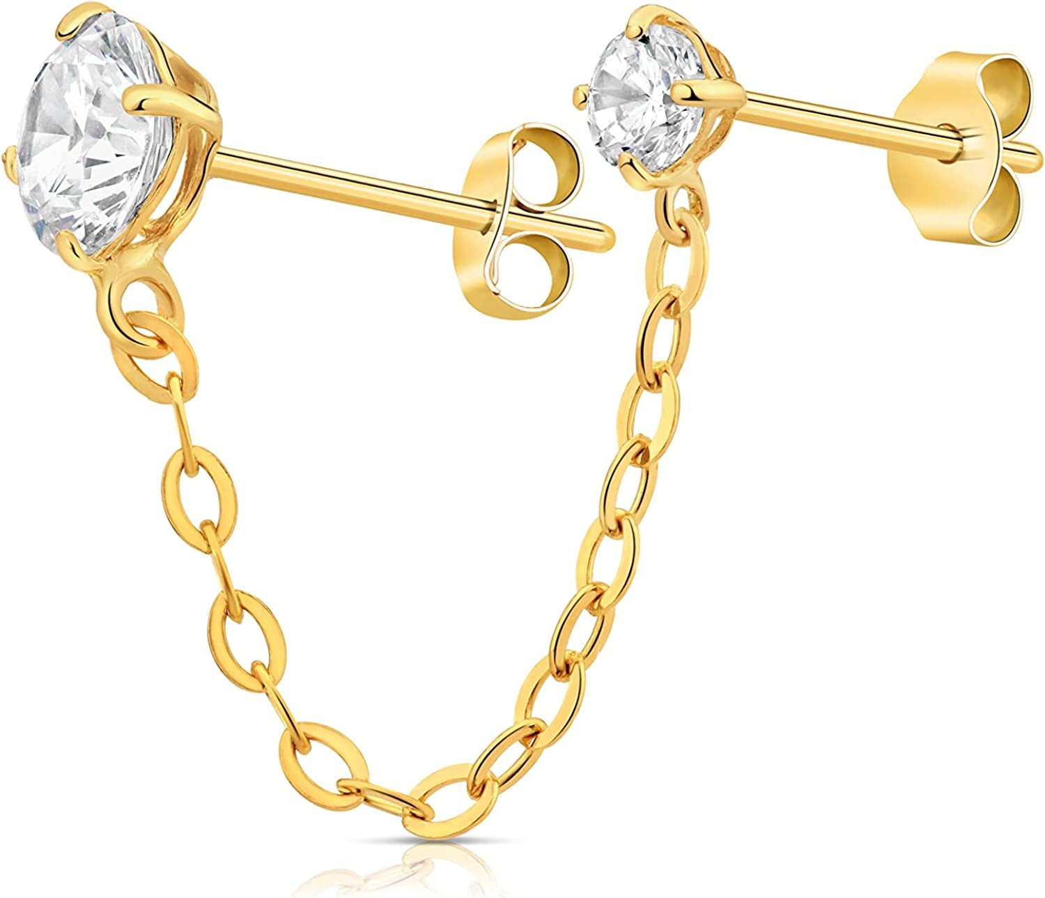 Threader Chain Solid 14K Yellow Gold Double Piercing Threader Chain Stud Earrings Sol ...