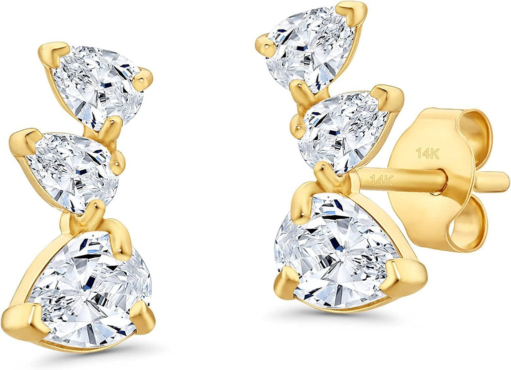 14k Yellow Gold Tiny Curved Climber Stud Earrings with Three Stones Cubic Zirconia CZ Trio Studs