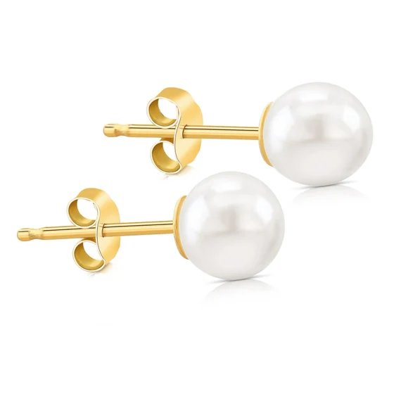 Solid 14K Real Yellow Gold Round Freshwater Cultured Pearl Stud Earrings for Women and Girls