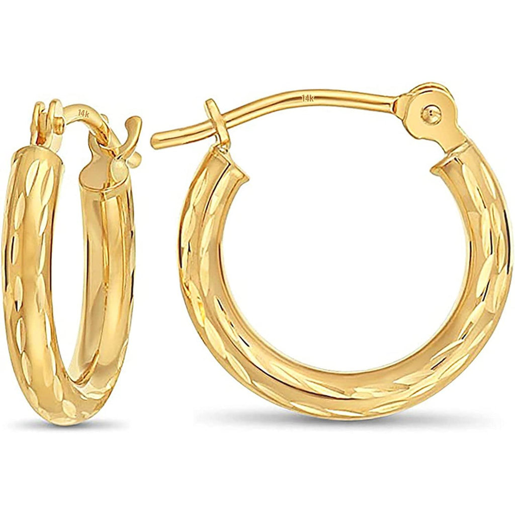 Tiny 14k Yellow Gold Diamond-cut Engraved Hoop Earrings for Girls